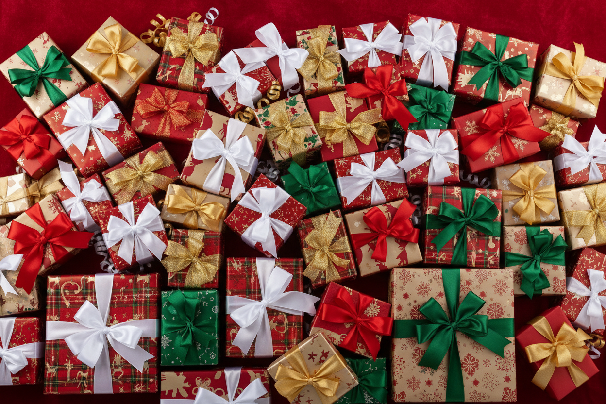 czerwone tło a na nim prezenty na cały ekran 